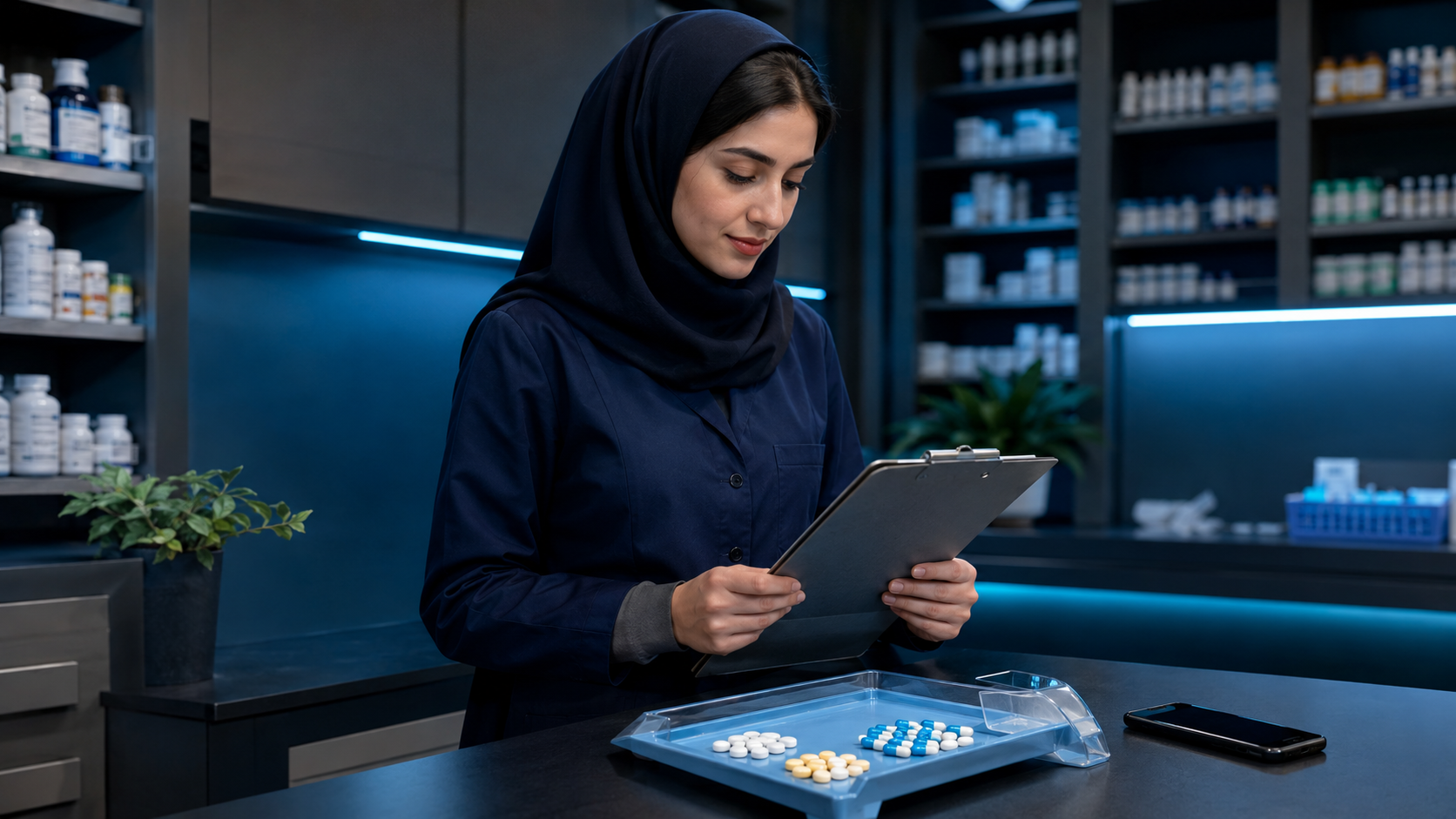 A pharmacy technician reviewing a start-of-shift checklist